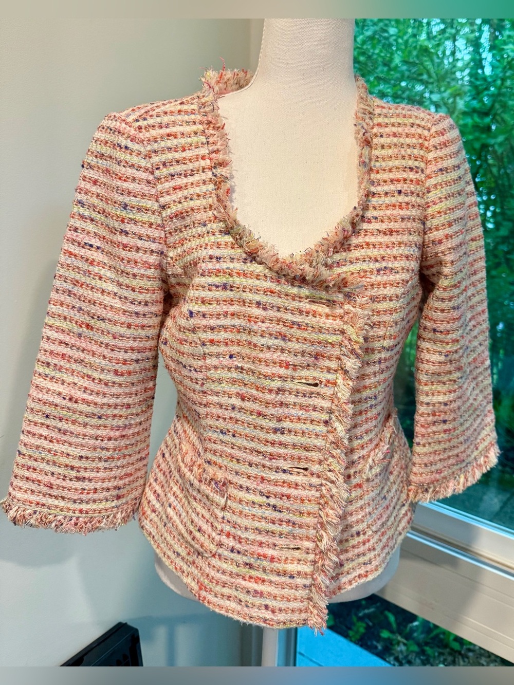 Trina Turk GUC Pink Tweed Fringe Jacket Size 8 Missing Buttons DIY